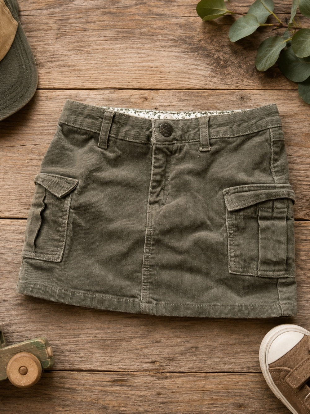 H&M Kids Olive Corduroy Cargo Mini Skirt 5-6Y Utility Military